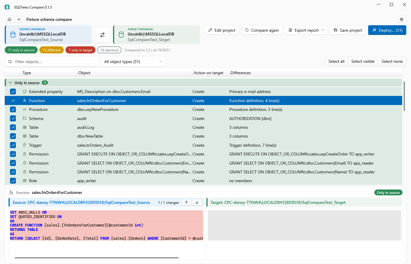 SQLTreeo Compare: screenshot